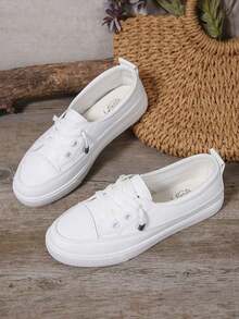 Women's Classic Versatile Round-Toe On Casual Lace-Up Soft-Soled Comfortable Flat Outdoor Sports Casual Shoes. The Upper Is Simple With Smooth Lines, And The Overall Look Is Clean And Neat. Suitable For Spring, Summer And Autumn, Perfect For Daily Outings, Campus Life, Vacations And Street Fashion Matching. - 白色 - 查看 3