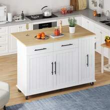 Kitchen Island With Drop-Down Front, Serving Cart With 3-Tier Pull-Out Organizer, Internal Storage Shelf, Rolling Trolley With Towel Rail And 2 Drawers For The Dining Room, White - 白色 - 查看 8
