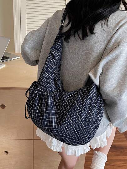 Fashionable Niche Design High-Quality Plaid Drawstring Dumpling Bag, Versatile Daily Commute Shoulder Crossbody Bag