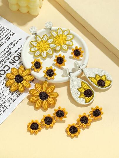 1 Pair Sunflower Seed Bead Earrings - Creative Fashion Jewelry For Women, Classic Yellow Black White Color Scheme, Sunny And Healing Style