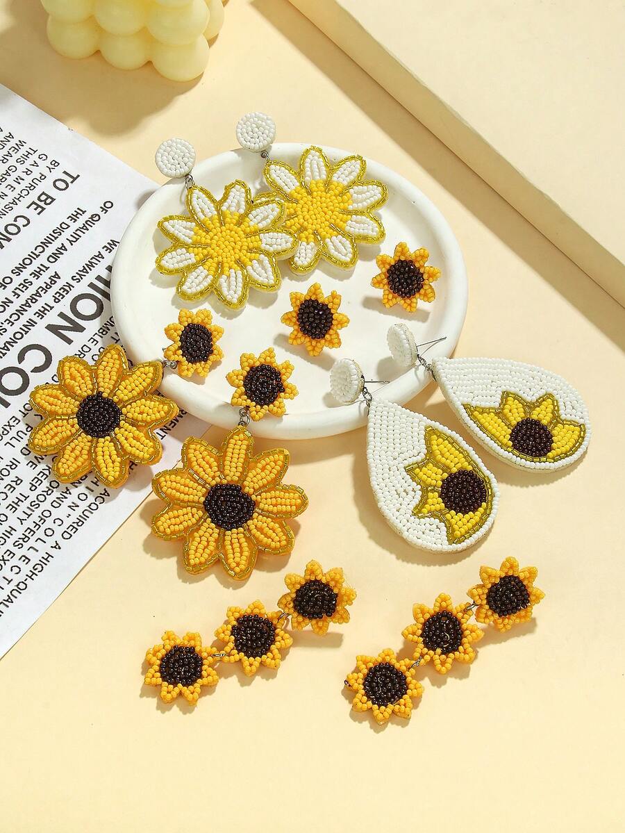 1 Pair Sunflower Seed Bead Earrings - Creative Fashion Jewelry For Women, Classic Yellow Black White Color Scheme, Sunny And Healing Style