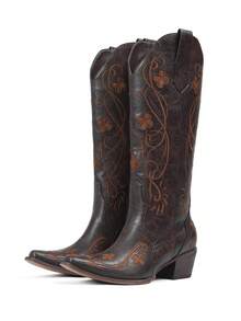 Women's Western Cowgirl Cowboy Boots, Embroidered Knee High Side Zipper, Chunky Heel Vintage Distressed Retro Style, Spring Summer Shoes Festival Gift Holiday Party Vacation Outdoor Boots - Rỉ Nâu - Xem 6