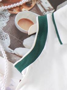 2pcs Girls' School Sports Polo Collar Heart Embroidered Sleeveless Top And Pleated Skirt Set, Summer - Green - View 4