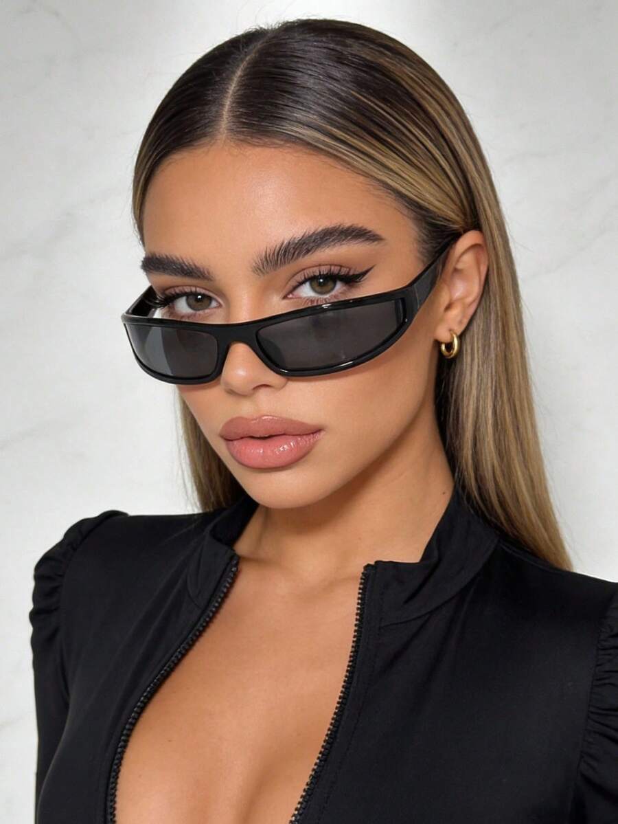 1副窄框Y2K未来主义百搭休闲女式眼镜，适合日常佩戴、街头风格、度假和旅行。 - 黑色 - 查看 1