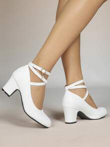 2026 Women's Solid Color Minimalist American Style Woven Vacation Slip-On Lace-Up Mary Jane High Heel Round Toe Party Pumps - White - View 2