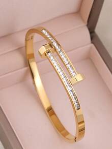 4pcs/1pc Set Of Fashionable & Elegant Stackable Gold-Plated Bangle Bracelets, Stainless Steel With Cubic Zirconia Embellishment, Suitable For Daily Wear, Weddings, Parties, Valentine's Day Gifts - Yellow Gold - View 10