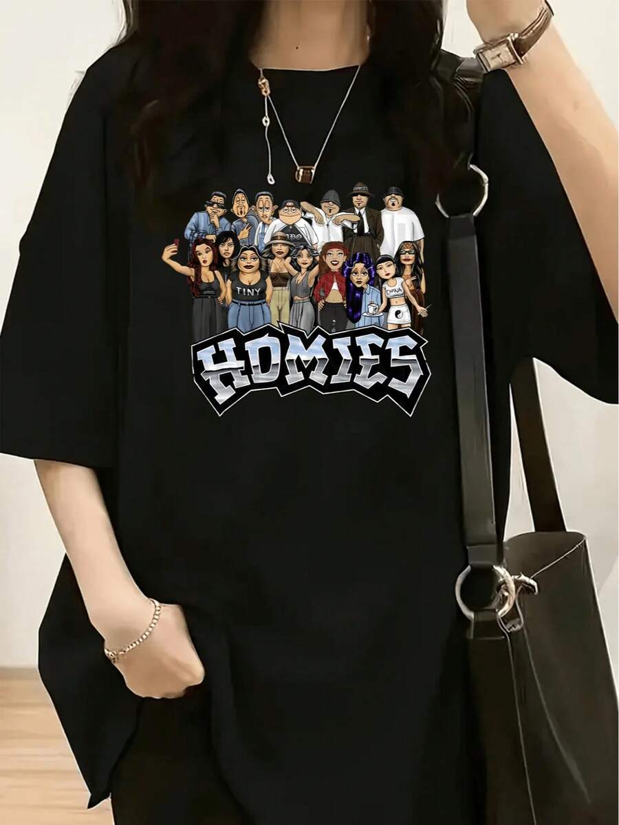 Homies Good Buddies Series Cartoon Graphic T-Shirt - Womens Casual Round Neck Short Sleeve Top Soft Cotton Loos - màu đen - Xem 1