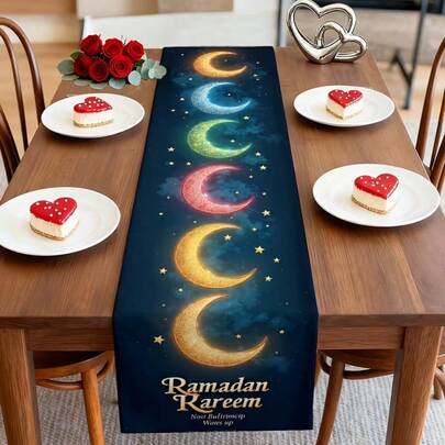 1 Set Ramadan Themed Table Runner, Featuring Minimalist Ramadan Design - Colorful Moon And Star Pattern, Durable Polyester Rectangular Tablecloth, Suitable For Kitchen, Dining Room, Party And Home Decor, Rural Holiday Decoration. Available In Multiple Sizes, An Ideal Gift Choice.