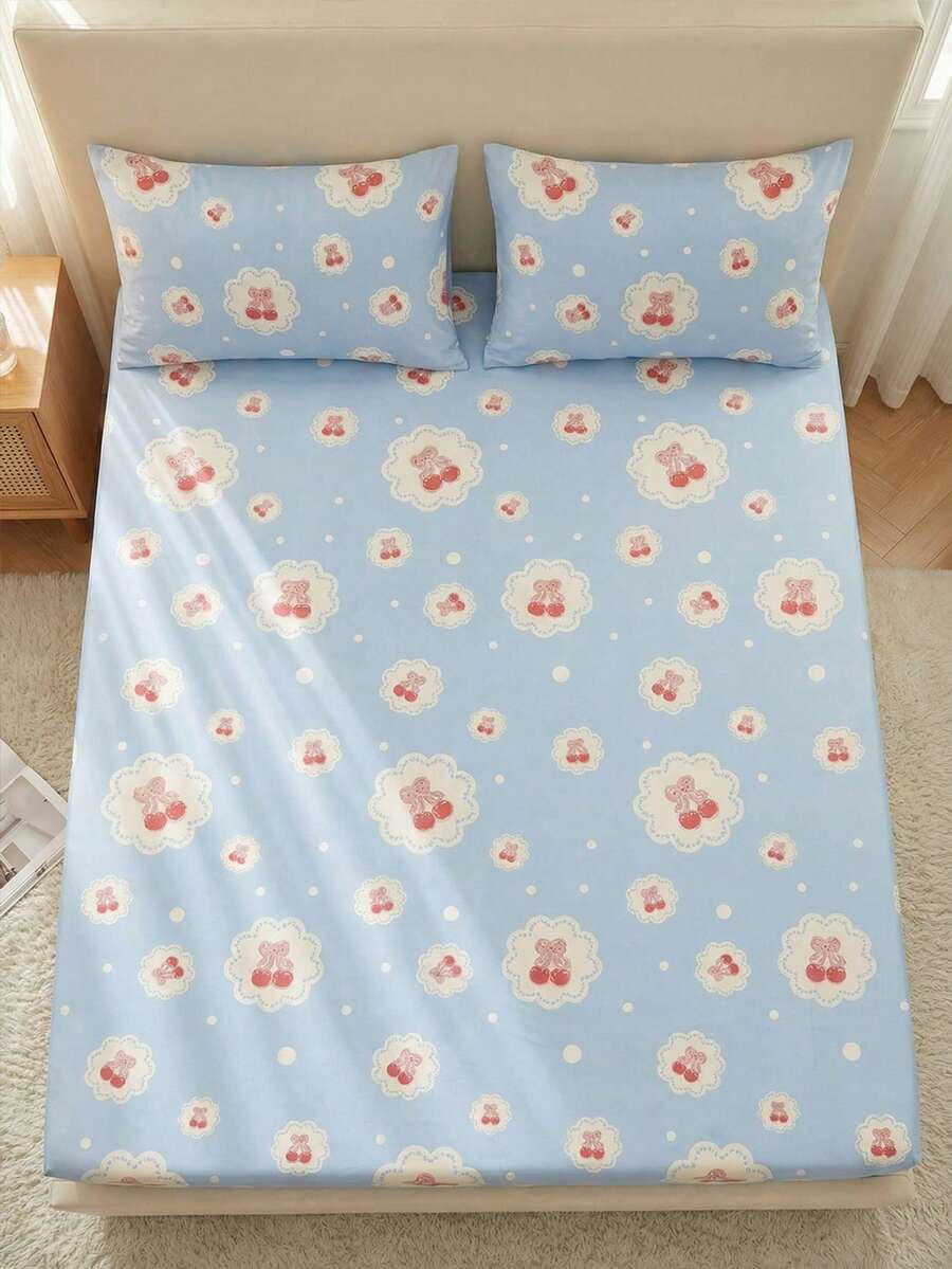 1pc Cartoon-Patterned Bed Fitted Sheet, Mattress Protector, Bed Sheet, Soft Breathable Cloud-Light, Fresh Elegant Style, With Blue-White Background And Smoky Red Cherry Patterns, Single/Double/Queen Bed Compatible, Deep Pockets (Max 9.8 Inches), Home And Dorm Use, Household Textile, Home Decoration, Valentine's Day Mattress Cover - Multicolor - View 1