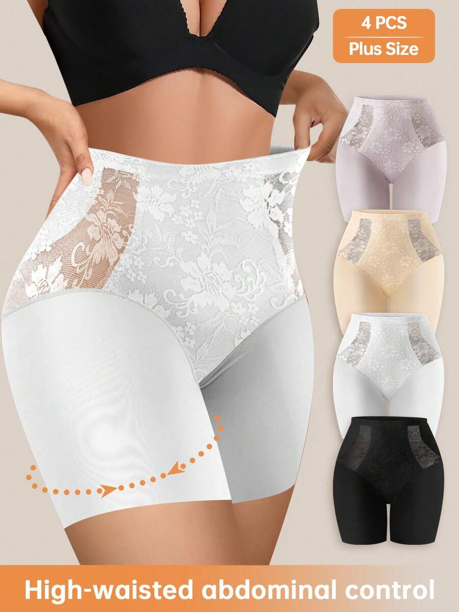 4pcs/Pack Plus Size Women Lace Print Briefs, Tummy Control, Anti-Chafing, Comfortable Fit - Multicolor - View 1