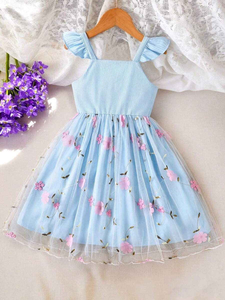 Young Girls' Spring/Autumn Knitted Flutter Sleeve Camisole Top Paired With Embroidered Floral Mesh Princess Dress, Casual Dress Set - Blue - View 1