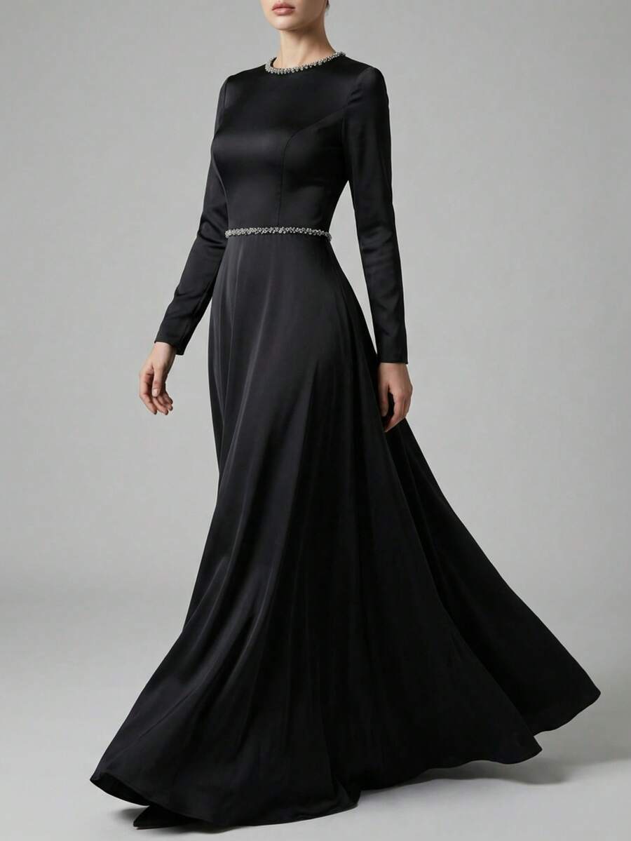 Classic Black Satin Long Sleeve Evening Gown With Beaded Waist, Fitted A-Line Floor Length Dress - Black - View 1