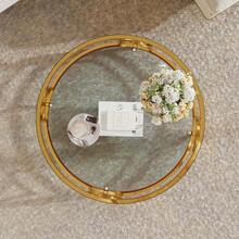 MERAX Round Tempered Glass Coffee Table In 30.7",Luxurious Geometric Metal Frame,Gold Finish & Lower Shelf, Transparent - 透明的 - 查看 3