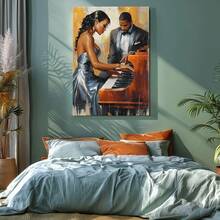 1pc Valentine Day Gift, Spring Wall Art, Christmas Decor Wooden Framed Wall Art, Wrapped Canvas Vintage Prints Poster, Man And Woman Playing Piano, Musical Performance, Formal Attire - Modern, Realistic Painting, Detailed, Classic Style, Birthday Party Decor, Decorative Wall Art for Living Room Bedroom Office, Hanging Hardware Included - Wrapped Framed Canvas, Vertical - Lienzo enmarcado - Ver 7
