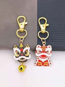 2pcs/Set Chinese Style Spring Festival Lion Dance Bell Keychain Set | Zinc Alloy Pendants With Lobster Clasp, Festive Decoration For New Year - Multicolor - View 9