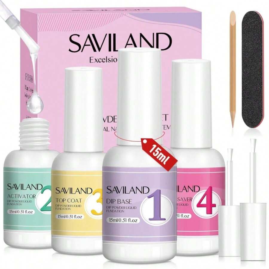 SAVILAND Dip Powder Liquid Set: 4 Pcs Nail Dip Liquid Set With HEMA-Free Base Activator Top Coat And Brush Saver 15 Ml\/0.5 Fl.Oz Dipping System Essentials No Curing Home Use DIY Salon Art - ColorB - 查看 1