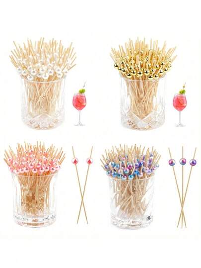 Palillos para cócteles de perla blanca, palillos para aperitivos, palillos para snacks, palillos para frutas, palillos para decoración de fiestas, adecuados para fiestas de cumpleaños, bodas, barbacoas, campamentos, fiestas de cócteles