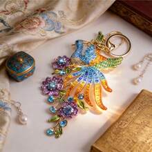 Phoenix Keychain, Gold-Toned Frame With Multi-Colored Sparkling Crystals, Iridescent Crystal Accents, Floral & Leaf Decor Details, Exquisite Phoenix Shape, Ideal Key Accessory, Party Outfits, Gifts For Fantasy Lovers & Valentines Gift - 黃色 - 查看 6