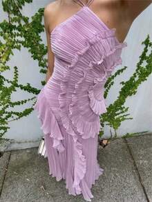 Women Ruffle Hem Pleated Sheer Mesh Long Maxi Dress Sleeveless Halter Neck Irregular Tiered Flowy Long Maxi Dresses For Wedding Guest Summer Holiday Beachwear - 紫羅蘭色 - 查看 2