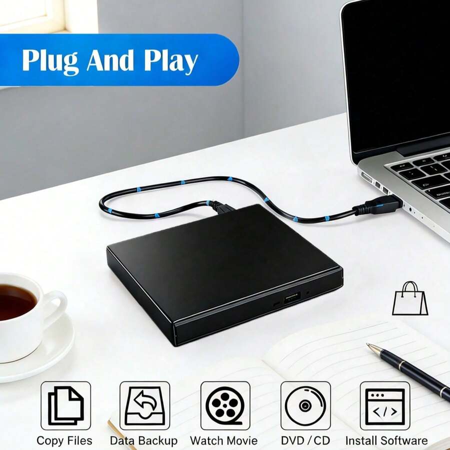 External CD DVD Drive, USB 2.0 Ultra-Slim Portable CD-/R/With DVD-R/W Burner Drive For Laptop & Desktop (Use According To Instruction Manual) - Black - View 1