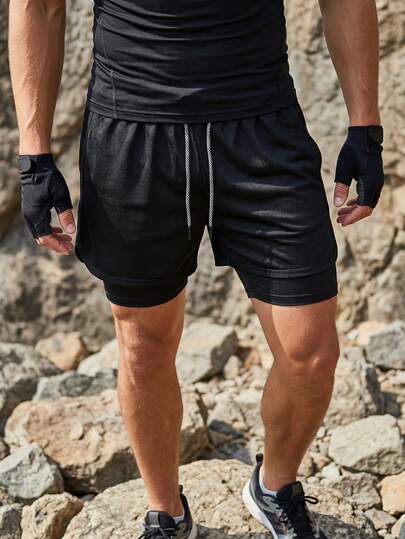 2-In-1 Men's Outdoor Shorts, Solid Color Elastic Lining Sports Pants With Phone Pocket, 2 In 1, Suitable For Running, Sports, Yoga, Fitness In Summer