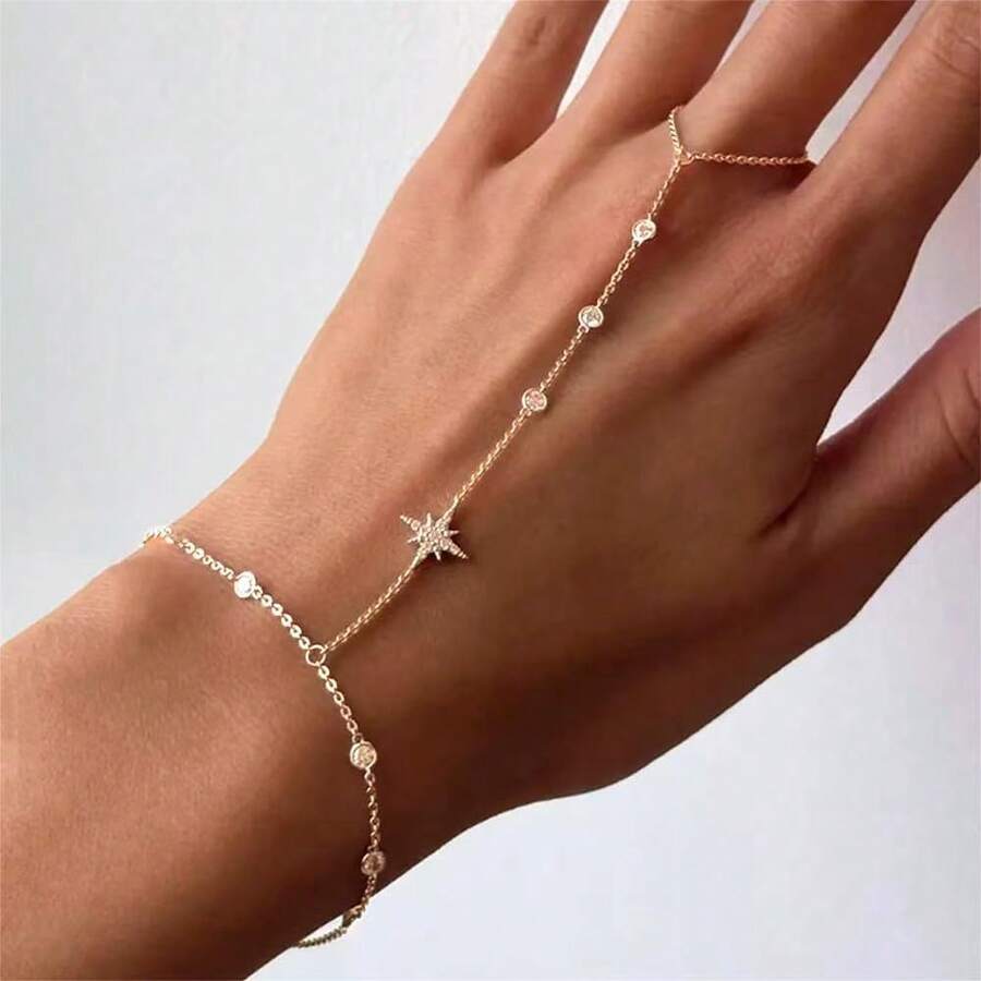 1pc Rhinestone Star Linked Finger Hand Chain, Elegant Party Hand Accessory Bracelet For Women - Star - View 1