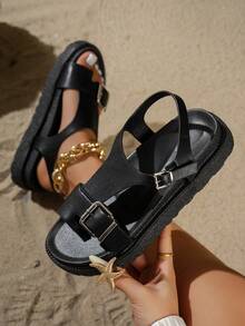 Adjustable Elastic New Fashion Metal Buckle Decor Open Toe Platform Thick Sole Slippers Fashion Slides Sandals Beach Flip-Flops Suitable For Daily Wear - Black - View 6