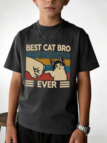 1 buah Kaos Lengan Pendek Kasual Motif Kucing Terbaik untuk Anak Laki-Laki Remaja, Atasan Musim Panas untuk Pelajar Muda - Dark Grey - View 4