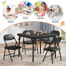 3/5-Piece Kids Folding Table With Chairs, Upholstered Foldable Table And Chair Set With PU Leather Surface, Metal Frame Children's Activity Table Chairs Furniture Set For Dining/Crafts/Learning - Black - 5 - View 6