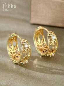 Hihho 1pair Vintage Copper Inlaid Zirconia Hollow Geometric Circle Design Earrings With Retro Patterns For Women, Fashionable Ear Decorations And Festival Gifts - 金黃色 - 查看 5