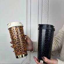 Kubek termiczny ze stali nierdzewnej o pojemności 500 ml z nadrukiem w panterkę, nowa stylowa przenośna butelka na wodę odpowiednia dla mężczyzn i kobiet, kubek samochodowy ze słomką, prezent na Boże Narodzenie/urodziny - Wielokolorowe - Zobacz 6