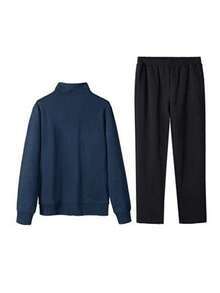 Bộ đồ thể thao nam mùa Thu/Đông mới, chất liệu dệt kim, cổ đứng: Áo nỉ và quần nỉ cotton thoáng khí (2 món). - Xanh coban đậm + đen huyền ảo - Xem 3