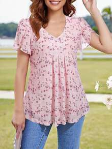 CheersLife Women's V-Neck Short Sleeve Casual Blouse With Double Layer Mesh Summer - Dusty Pink - View 2