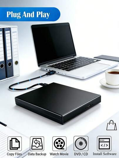 Smal bärbar USB 2.0 extern DVD-brännare | Plug & Play, inga drivrutiner behövs | Kompakt CD/DVD-enhet för bärbara datorer, stationära datorer, surfplattor, smartphones | Extern CD-enhet för bärbar dator, data, säkerhetskopiering, filmuppspelning, spel | Elegant svart optisk enhet med strömkabel, kompatibel med Windows
