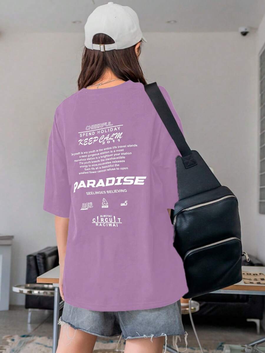 Women's Oversized Printed T-Shirt - Cheerful Paradise Phrase - Loose, Casual, Stylish, Modern, And Cool Blouse - 紫丁香 - 查看 1