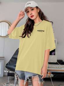 Women's Oversized Printed T-Shirt - Cheerful Paradise Phrase - Loose, Casual, Stylish, Modern, And Cool Blouse - 黃色 - 查看 6