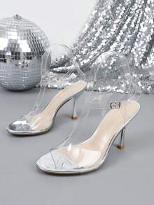 Fashionable Women's Sexy Square Toe Chunky Heel Sandals - Silver - View 14