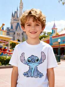 Disney Boys' T-Shirt, Creative Stitch Cartoon Print, Summer Cotton Crew Neck Short Sleeve For Boys, Suitable For Everyday Wear, Vacations, Outdoor Activities, And As A Gift For Children. - trắng - Xem 1