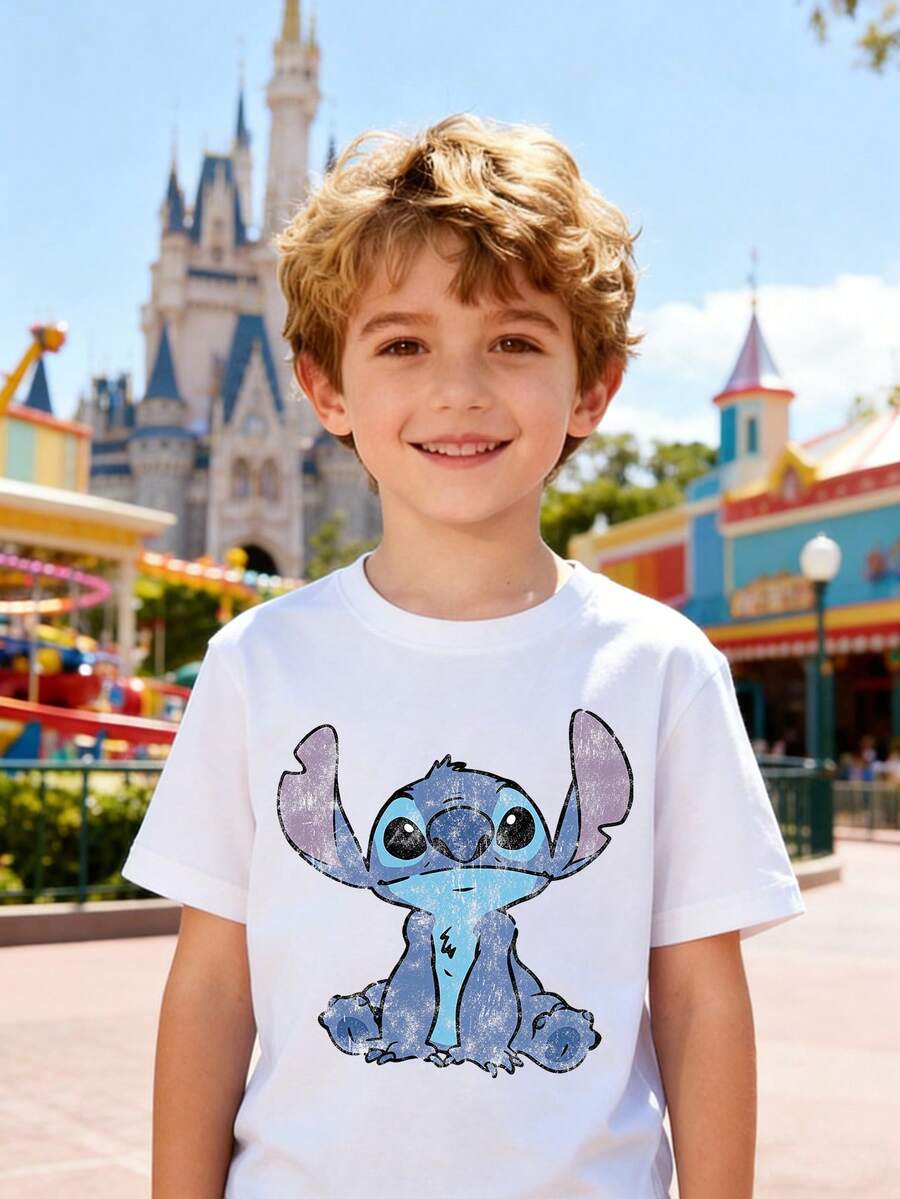 Disney Boys' T-Shirt, Creative Stitch Cartoon Print, Summer Cotton Crew Neck Short Sleeve For Boys, Suitable For Everyday Wear, Vacations, Outdoor Activities, And As A Gift For Children. - trắng - Xem 1