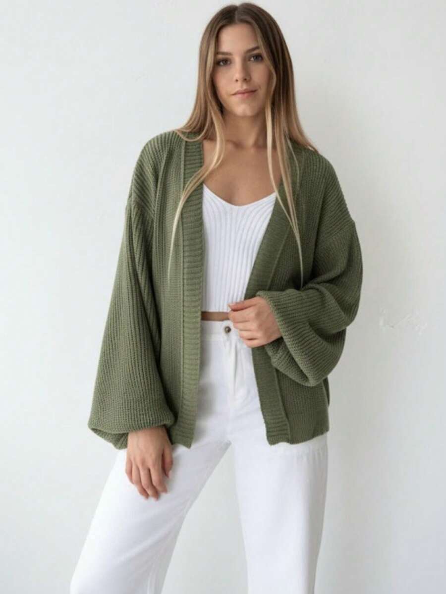 Basic Knit Jacket With Puff Sleeves - 軍綠色 - 查看 1