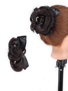 女士高马尾合成假发，带蝴蝶结发夹，卷发，高花苞头设计，适合女士日常佩戴和聚会场合。 - 彩色 - 查看 9