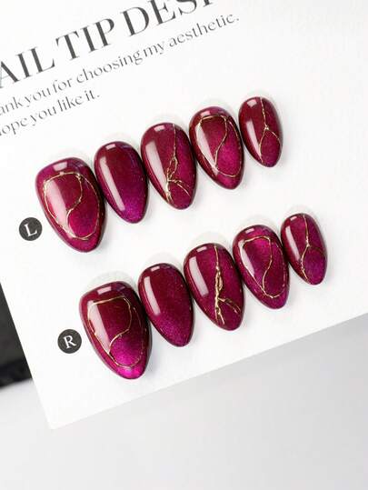 Enhance Your Temperament, 10 Pieces, Handmade Cat Eye Gradient Nail Press, Short Almond Shaped, Purple Red Shimmering, Reflective Color Change, Gold Loose Powder, Perfect For Women And Girls - Available In XS, S, M Sizes