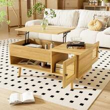 Elegant Coffee Table With Lift-Top And Rattan Doors, Wood Color With Black Accents, Ideal For The Living Room – Practical Storage Space And Functional Design. - 自然色 - 查看 2