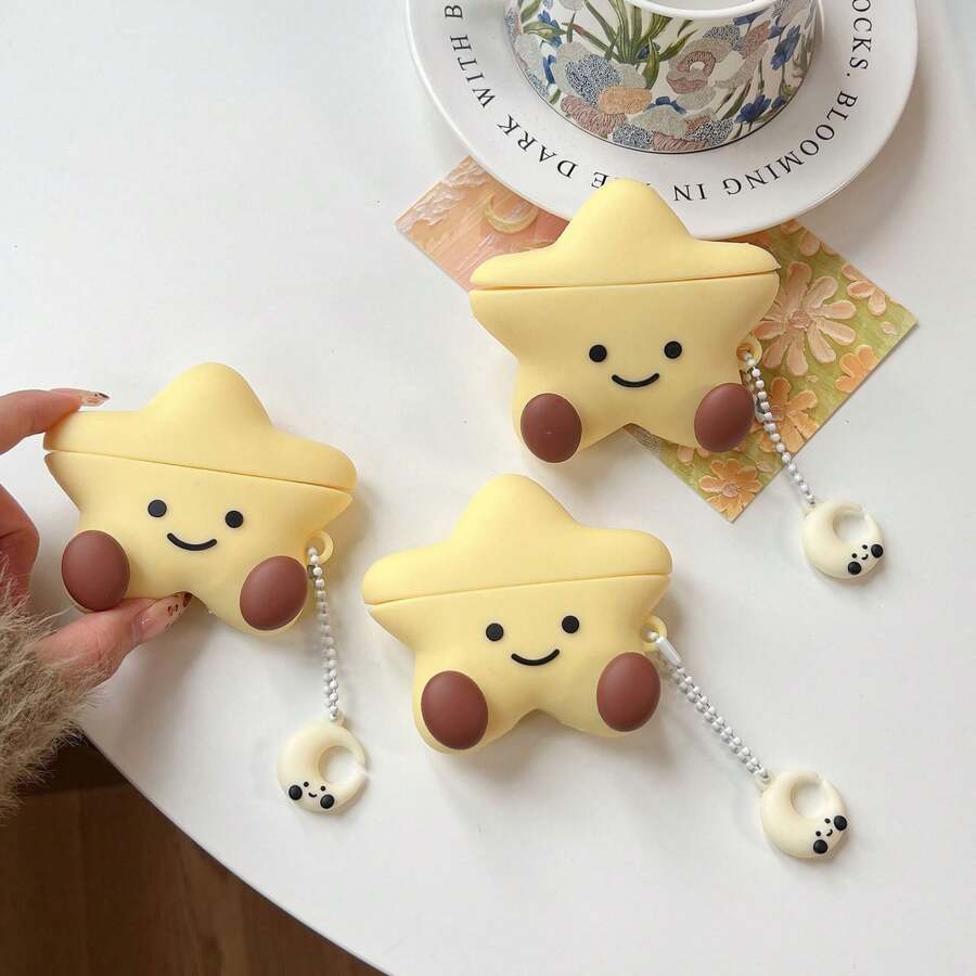 1个可爱简约的硅胶五角星月亮笑脸苹果耳机保护套，带钥匙扣，兼容苹果耳机第二代充电盒2和1 - 彩色 - 查看 1