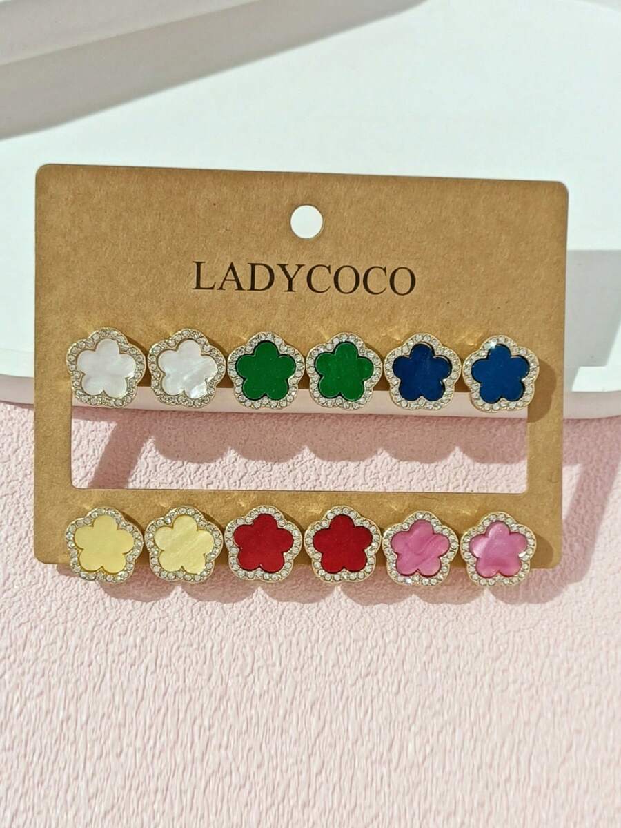 LADYCOCO 6對時尚奢華閃亮水鑽多色幸運五葉草女款耳環套組