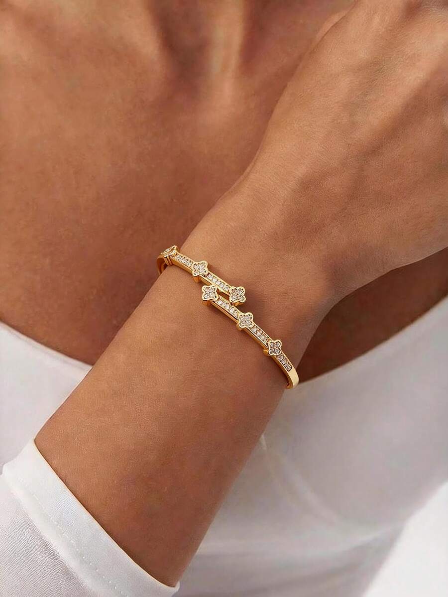 rundraw 1pc 2026 New Clover Flower Zirconia Inlaid Elegant Copper Gold Color Bangle Bracelet For Women, Suitable For Party, Daily Outfit Accessory, Best Gift For Friends, Lovers, Family On Holidays - Open Bracelet - View 1