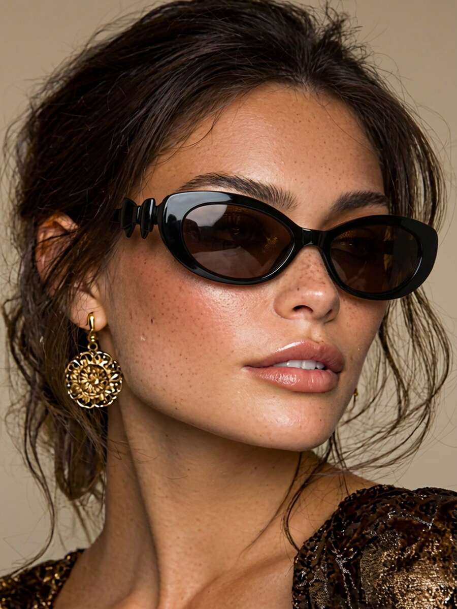 1副女士黑色猫眼纯PC镜框个性化蝴蝶结装饰优雅时尚眼镜 - 黑色 - 查看 1