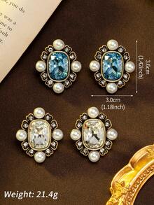 1 Pair Of Vintage-Style Rhinestone-Encrusted Geometric Square Earrings Suitable For Women's Daily Banquets, Gifts, And Prom Accessories - White - View 4