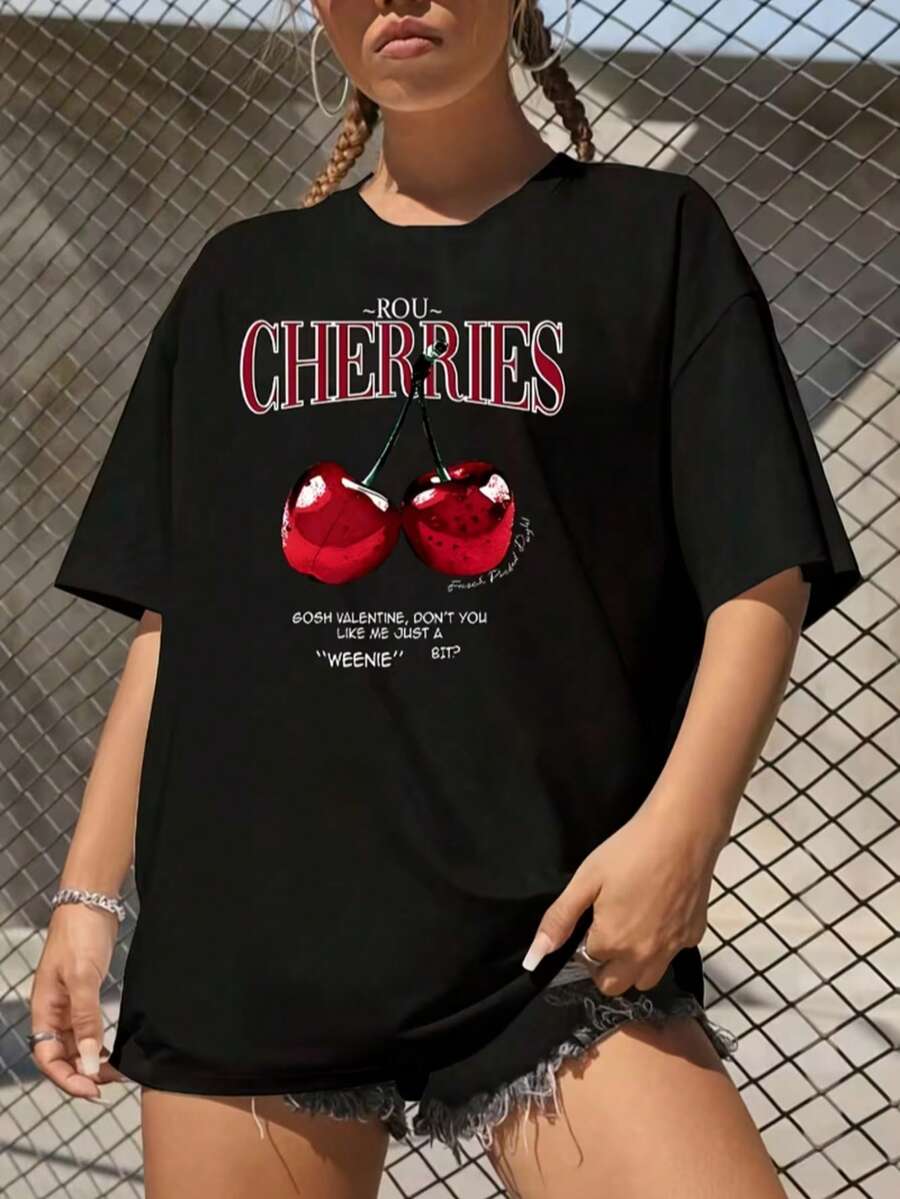 1pc Women'S Casual Oversized T-Shirt With Anime Cherry Print, Polyester Round Neck, Knitted Fabric, Regular Length - All Seasons Fashion Top - 黑色 - 查看 1