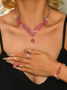 Rhinestone Water Drop Charm Necklace&Drop Earrings&Bracelet White, Red, Black - White 8307 - View 13